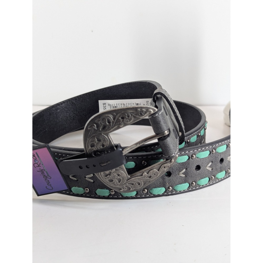 Cowgirls Rock Leather Western Belt Black Turquoise Studded XXL 9633300